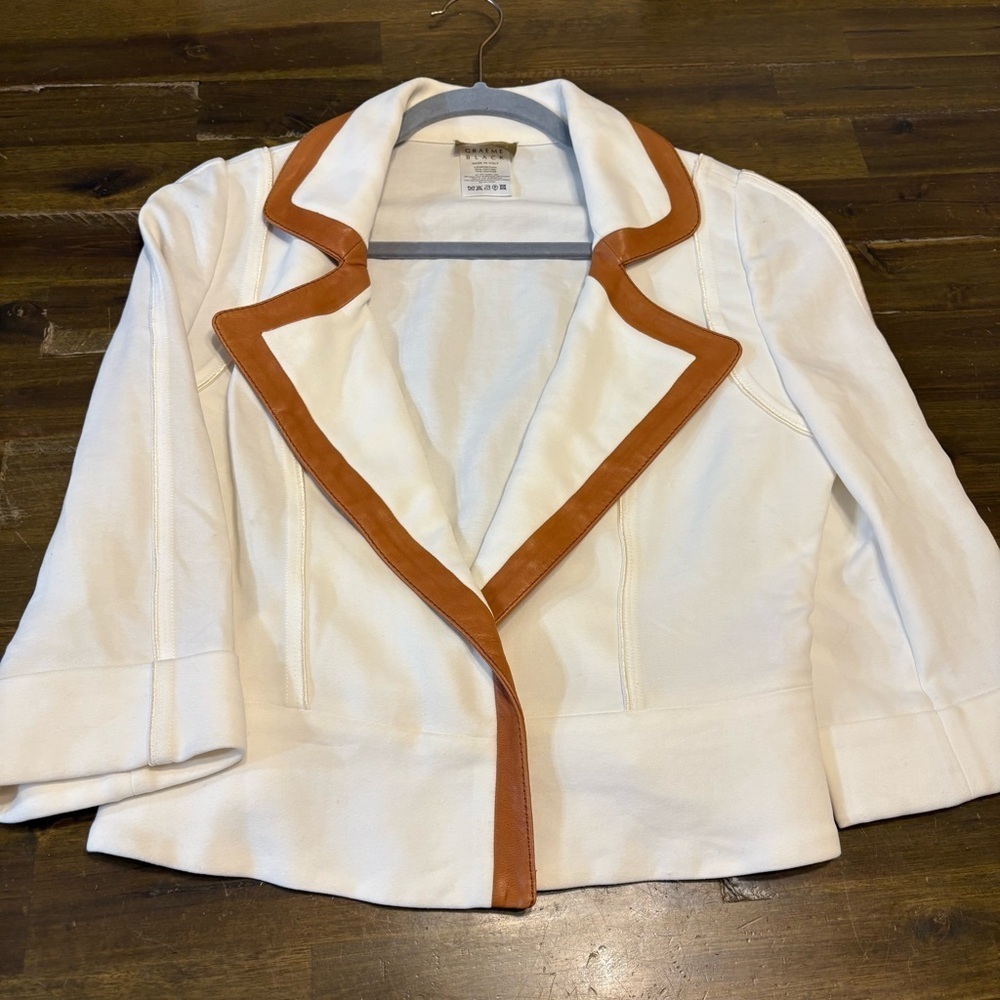 Graeme Black Vintage Jacket Blazer Cream Bone Leather Trim Tan M Coastal Career - Picture 3 of 13